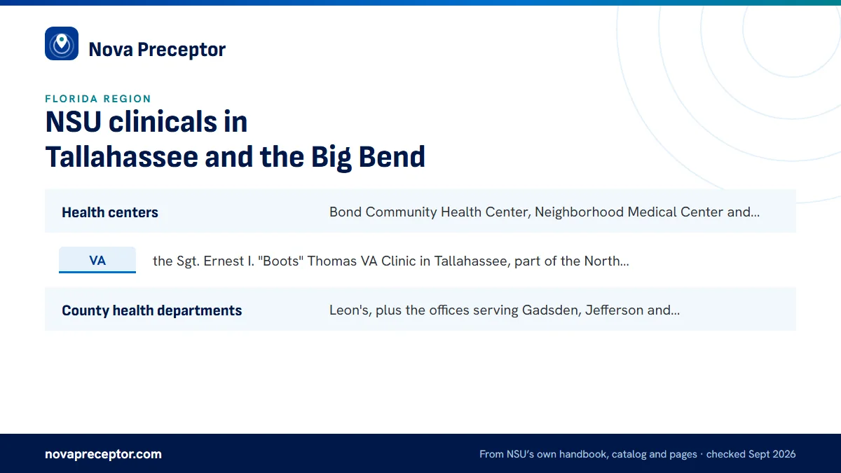 Community health centers, rural counties and the VA: Health centers: Bond Community Health Center, Neighborhood M; VA: the Sgt. Ernest I. "Boots" Thomas VA Clinic in Tallahass; County health departments: Leon's, plus the offices serving .
